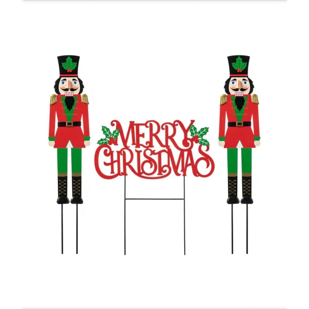 Glitzhome 32" Metal Nutcracker Yard Stake Christmas Decor 3 Pc Set Holiday Decor